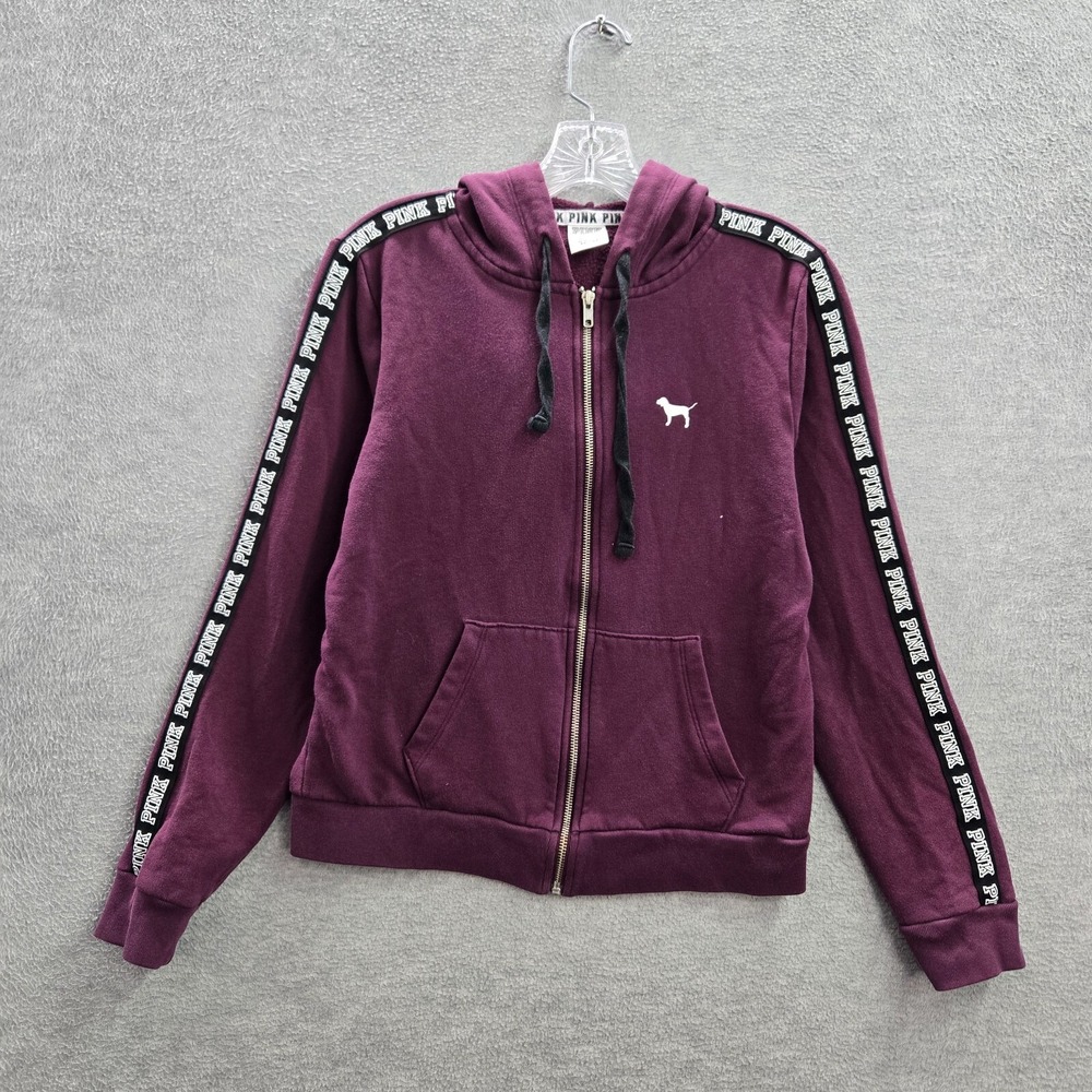 Pink Victorias Secret Women Sweatshirt Medium Purple Hoodie Logo Full Zip